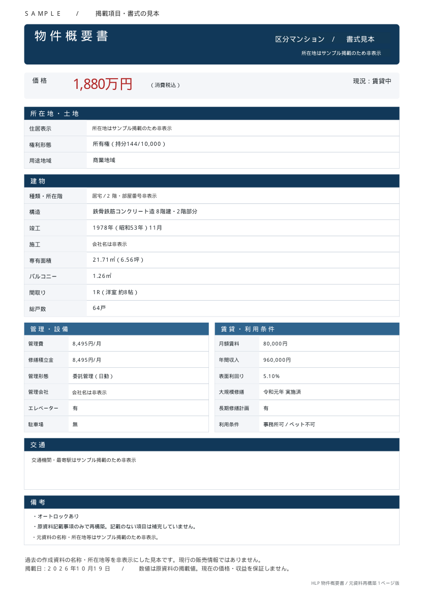 HLP物件概要書サンプルの全ページ。価格、所在地・土地、建物、管理・設備、賃貸条件、交通、備考を一覧化
